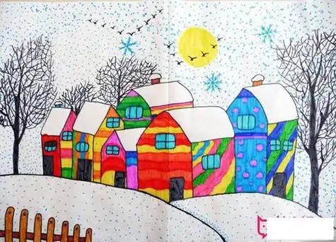 漂亮的冬天儿童画作品雪景动漫人物日本漫画儿童简笔画大全-可乐