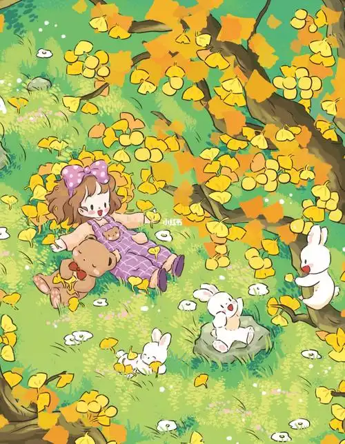 治愈系插画寂静山林中的秋色附线稿